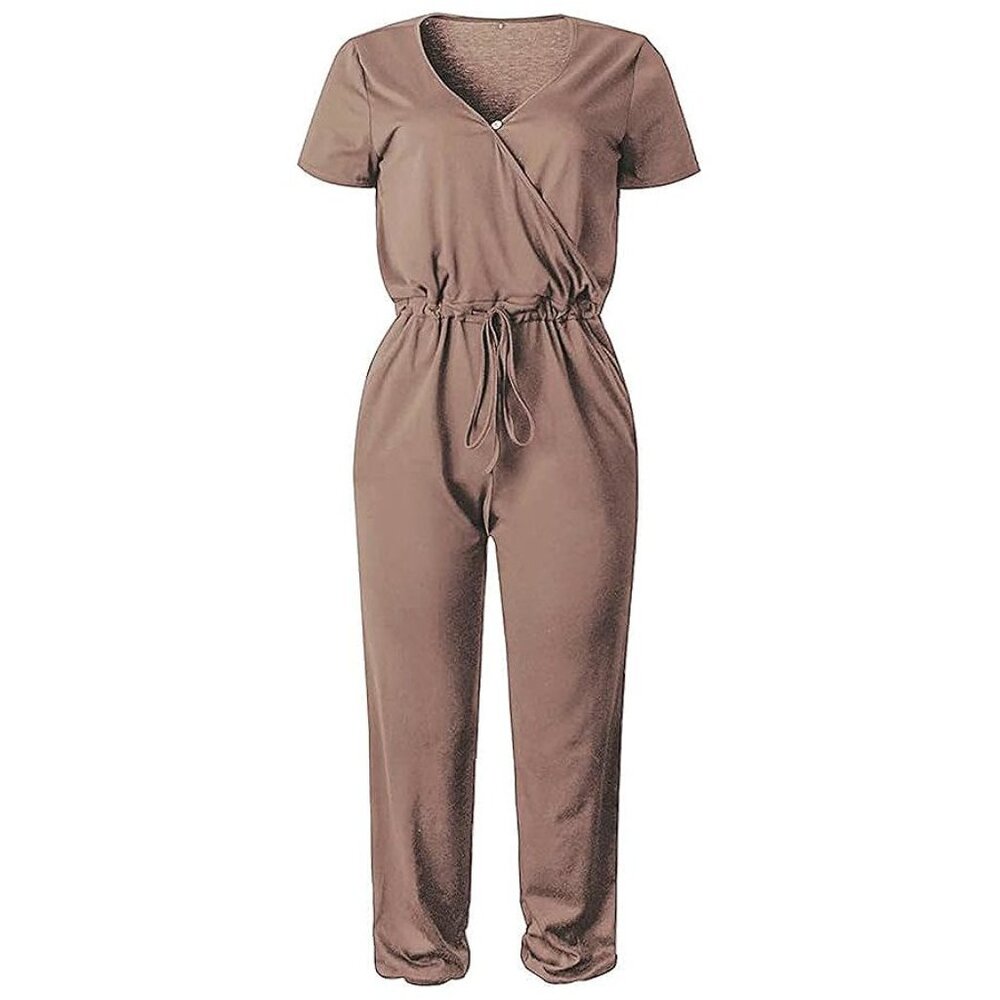 Women's Summer Casual Deep V Neck Short Sleeve Wrap Drawstring Dark Khaki - Picture 4 of 5